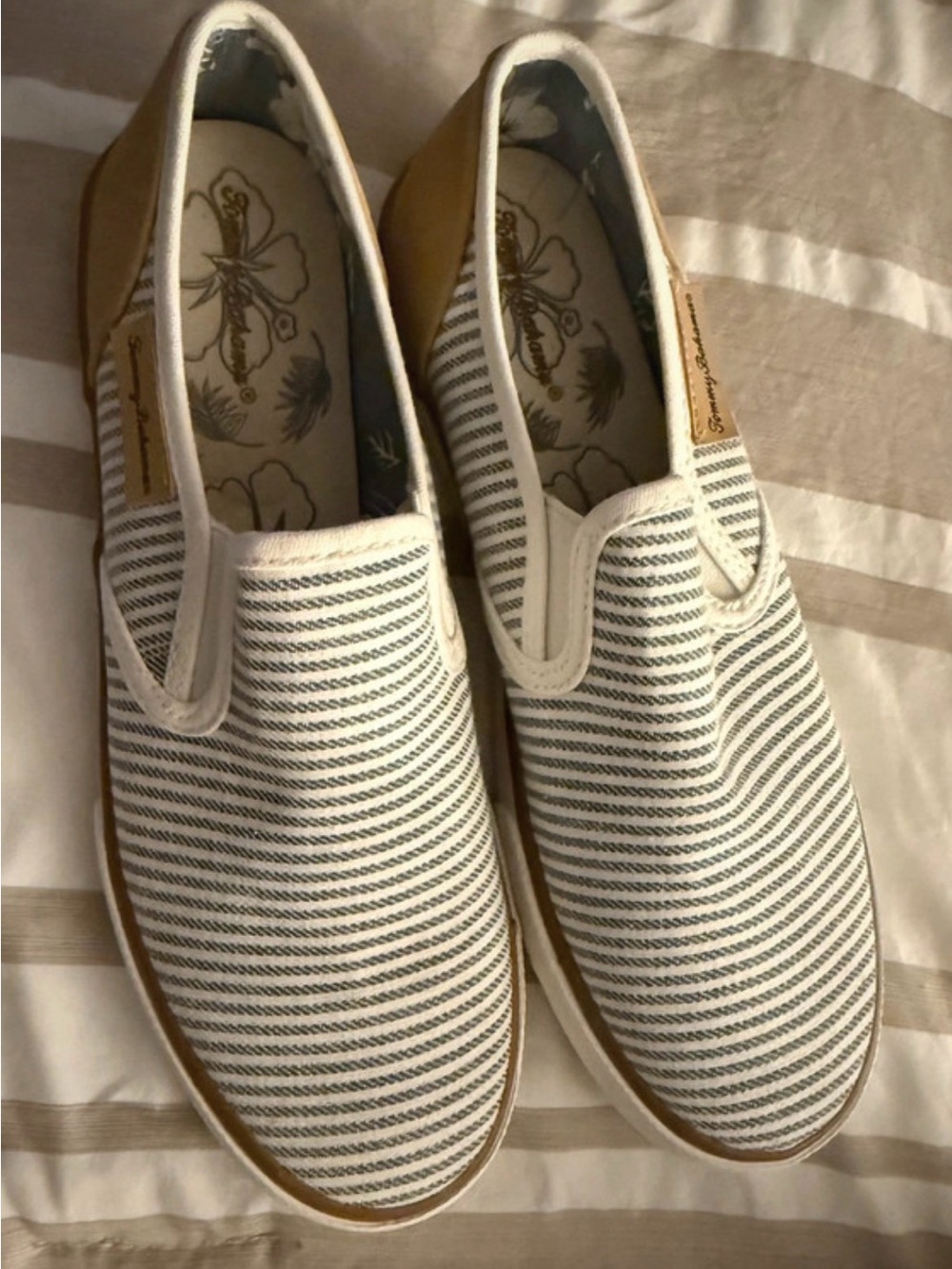 Tommy Bahama Canvas Slip-On Loafers in White and Tan Stripes